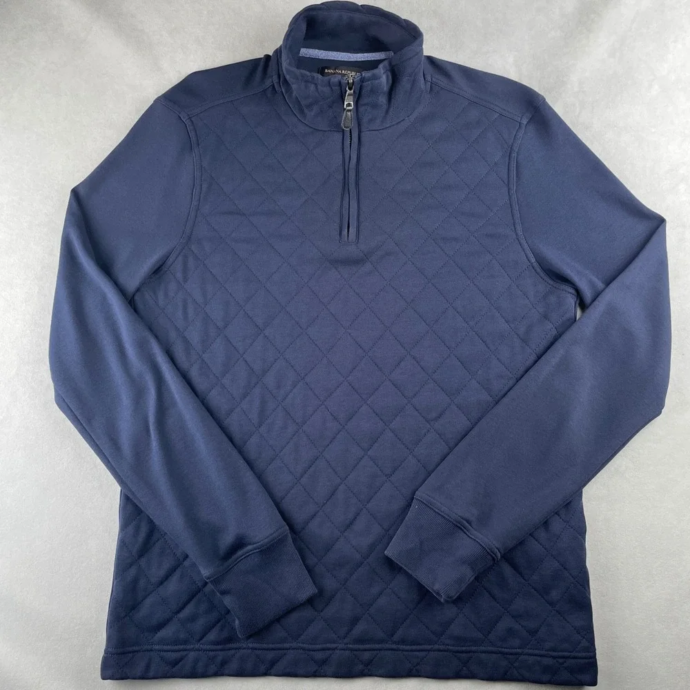 Banana Republic Sweater Mens M Navy Blue Quilted Quarter Zip Pullover Golf Layer